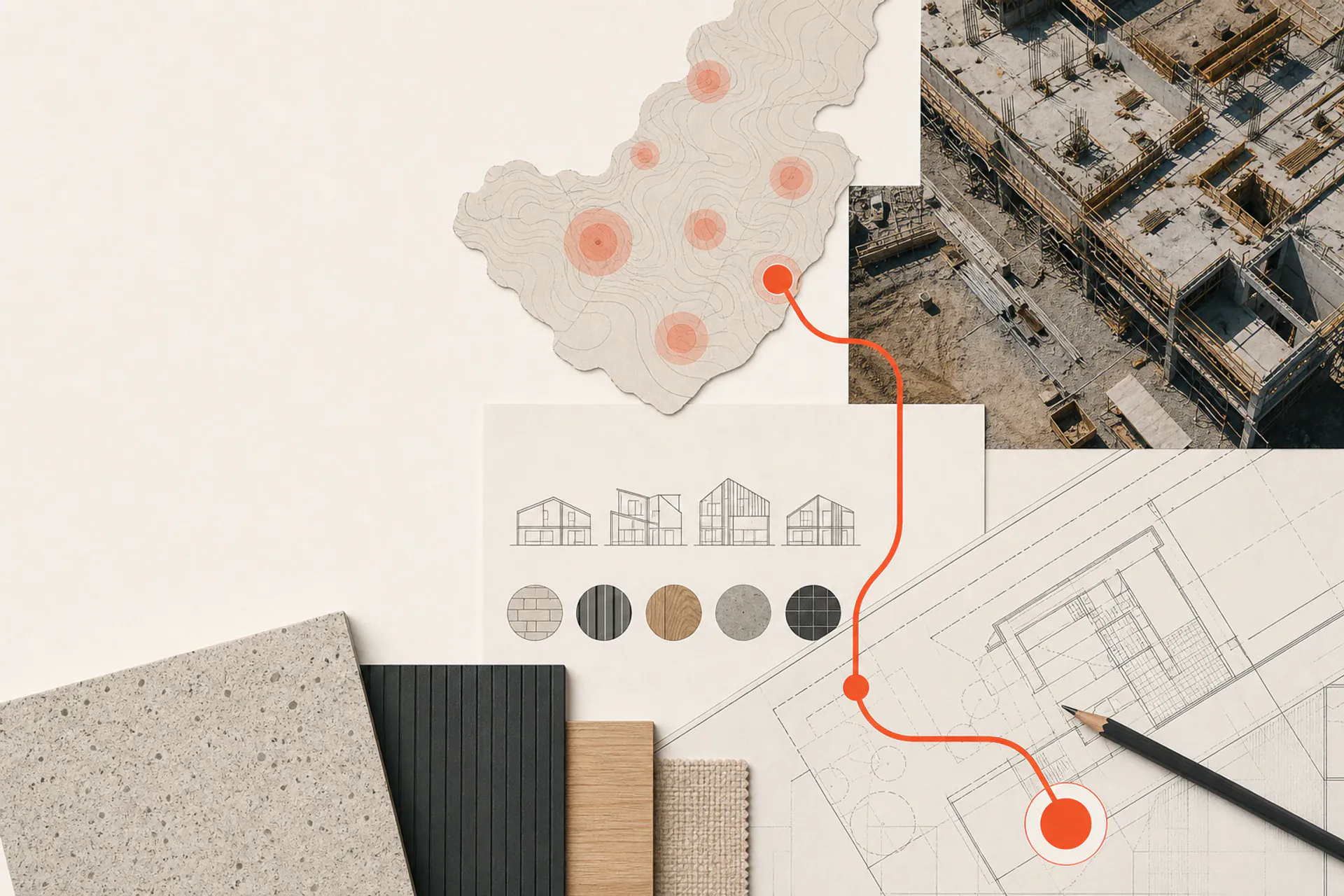 Construction estimator reviewing a project brief and marked service-area plan