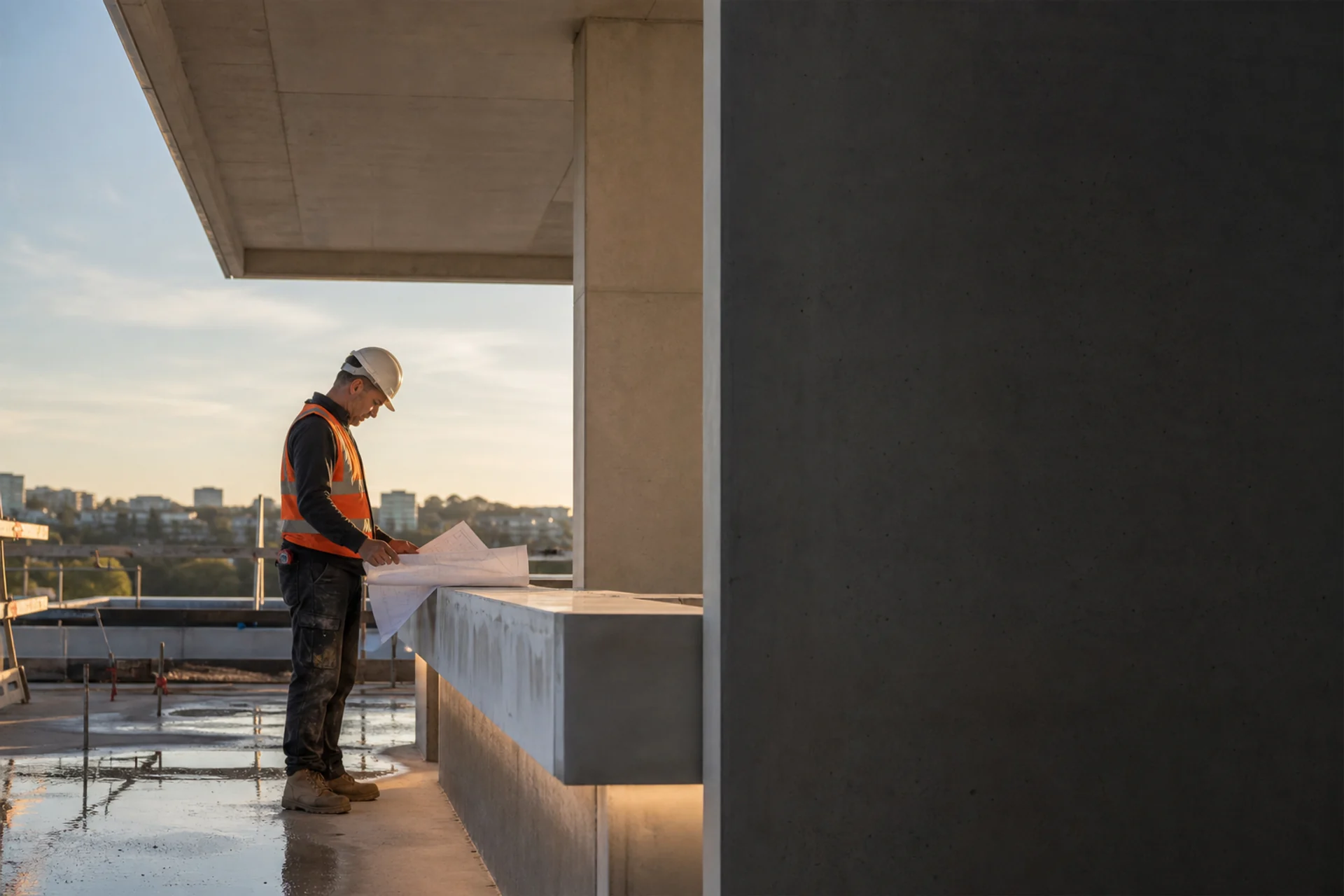 Construction supervisor checking plans beside completed commercial work