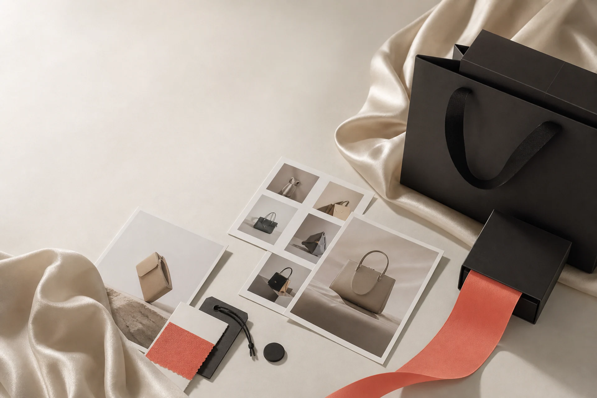 Product merchant comparing material samples, packaging and a customer journey plan