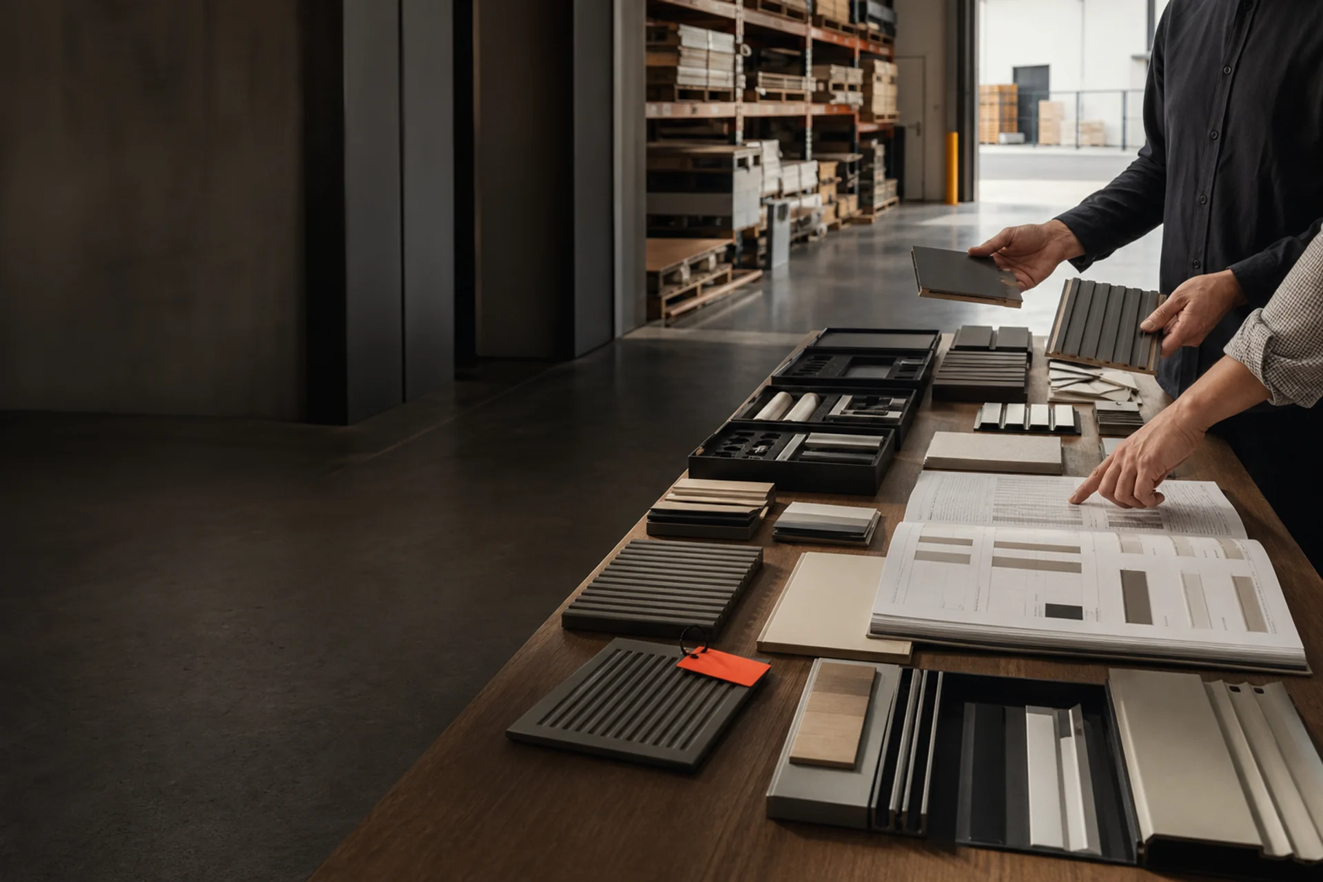 Product samples and specification material being compared in a wholesale showroom