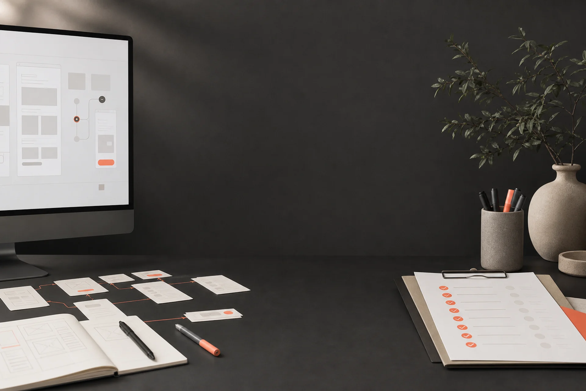 Software product journey, interface plan and onboarding checklist arranged for review